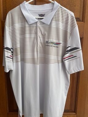 Cadillac Racing Men’s White Polo with Tan Stripe Detail